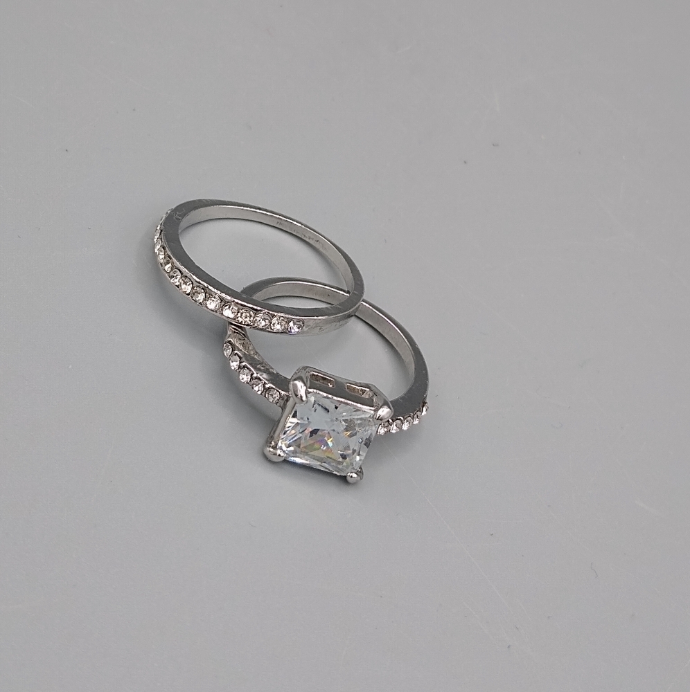 Silver Princess Cut Pavé Bridal Engagement Set - Picture 15 of 15